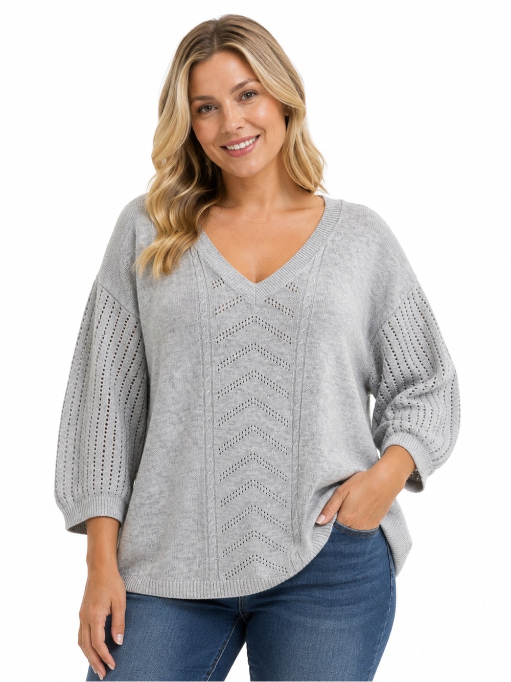 torrid Light Gray V-Neck Openwork Knit Sweater